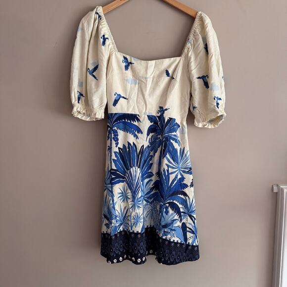 Farm Rio Brazil Blue Bird and Palm Print Puff Sleeve Linen Mini Dress Medium - Picture 1 of 10